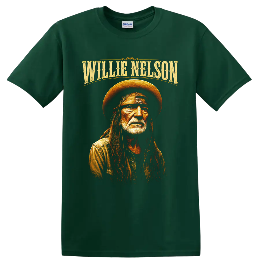 Willie Nelson portrait in western hat and bandana with ornate name lettering on a Forest Green T Shirt