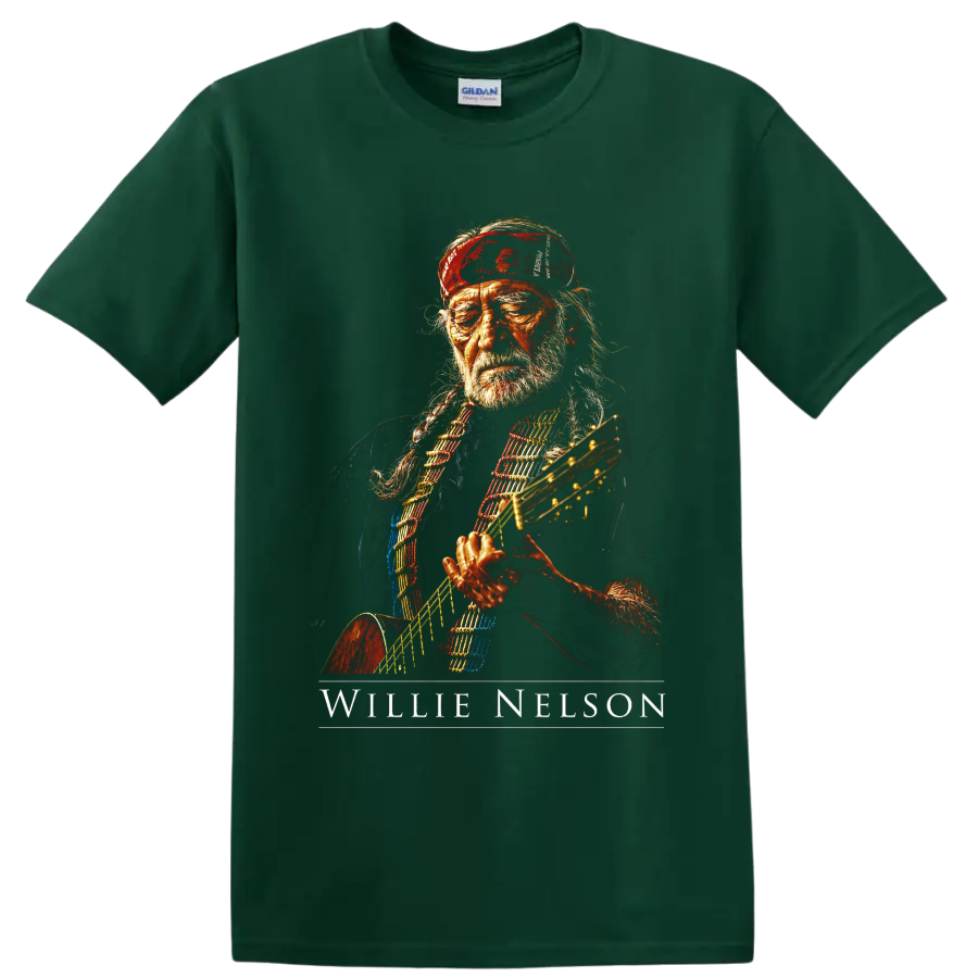 Willie Nelson guitar portrait in a bold painterly country music style on a Forest Green T Shirt