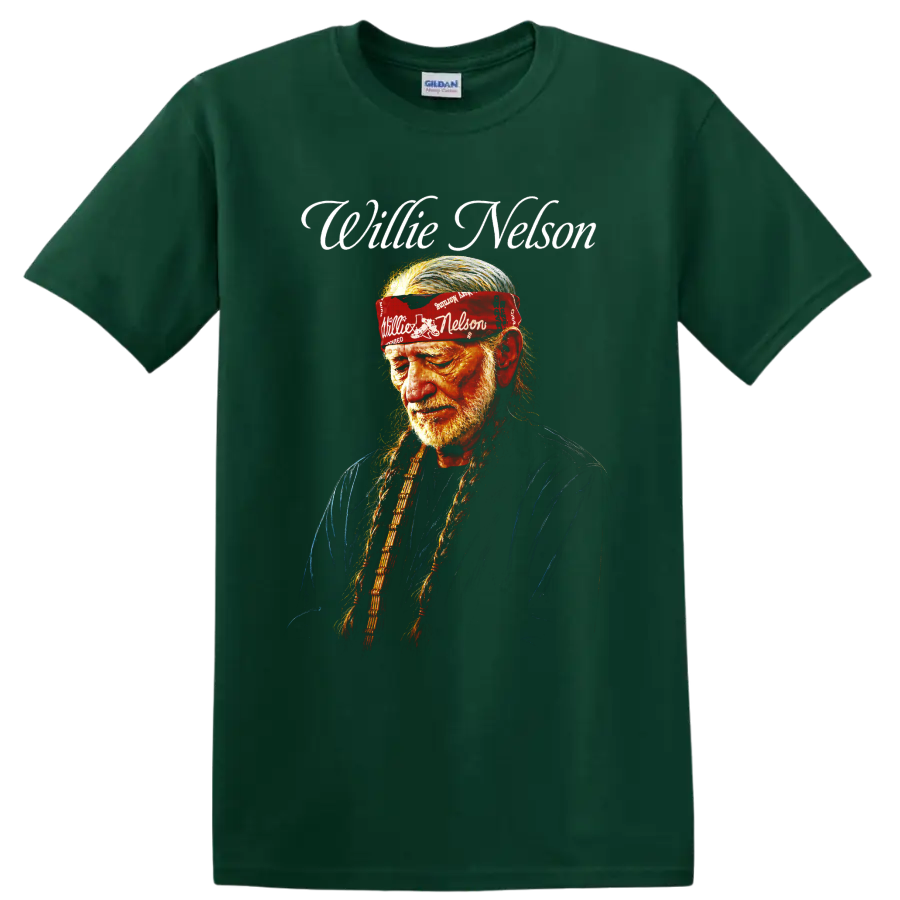 Willie Nelson portrait with long braids, red bandana, and white script lettering on a Forest Green T Shirt