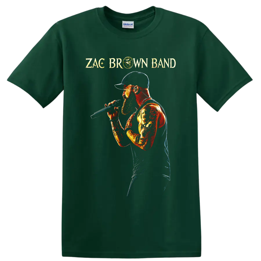 Zac Brown Band singer with microphone in a fiery distressed concert portrait on a Forest Green T Shirt
