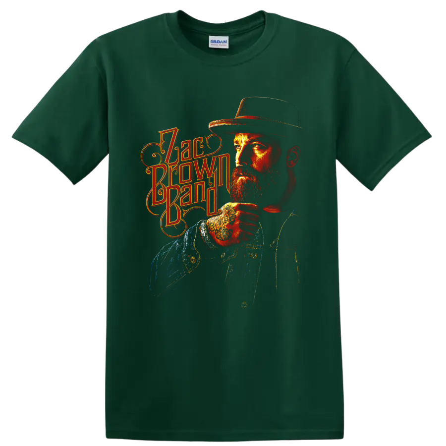Fiery Zac Brown Band portrait with cowboy hat and ornate vintage lettering on a Forest Green T Shirt