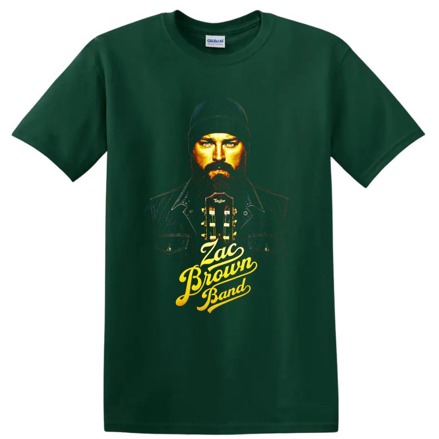 Zac Brown Band bearded guitarist portrait with acoustic guitar and gold script lettering on a Forest Green T Shirt