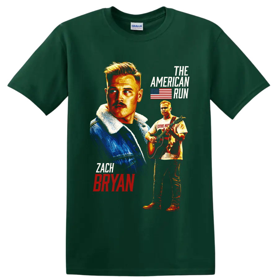 Zach Bryan portrait and acoustic guitar graphic with American flag and The American Run on a Forest Green T Shirt