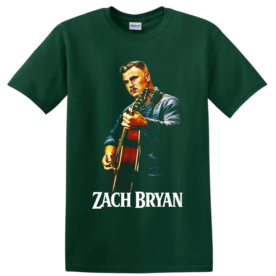 Zach Bryan illustrated portrait playing acoustic guitar with name text on a Forest Green T Shirt