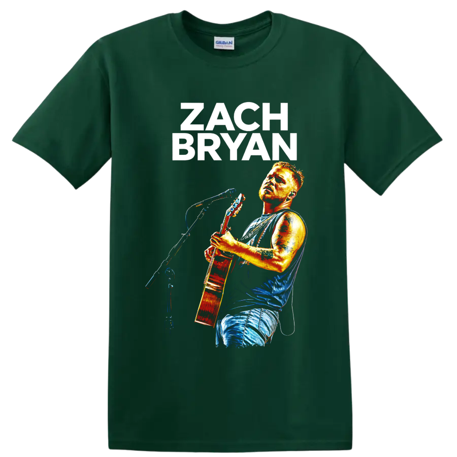 Zach Bryan guitar performance portrait with bold lettering and colorful concert lighting on a Forest Green T Shirt