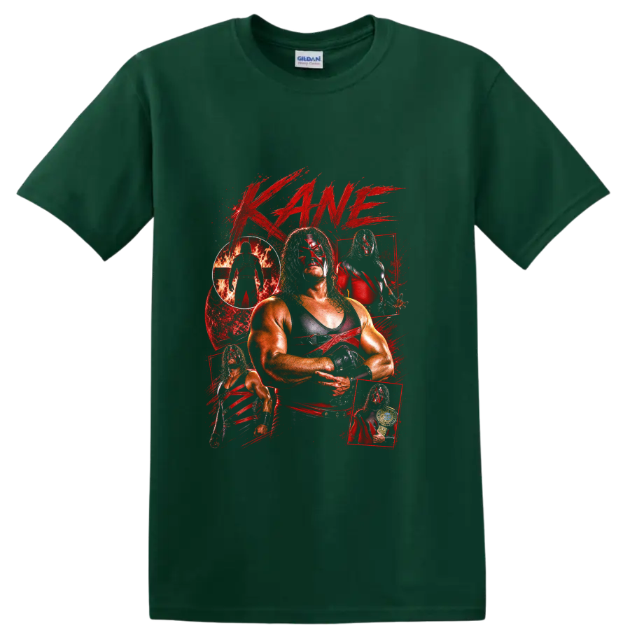Kane masked wrestler collage with fire, championship belt, and distressed red paint on a Forest Green T Shirt