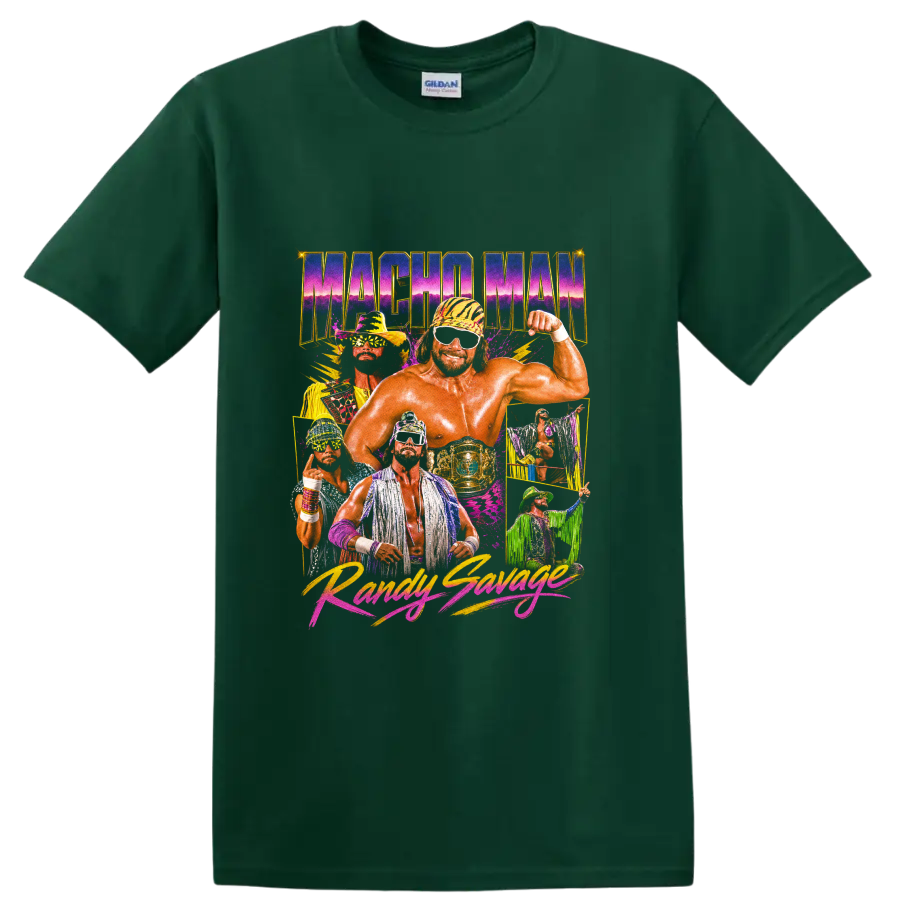 Macho Man Randy Savage retro neon wrestling collage with championship belt on a Forest Green T Shirt