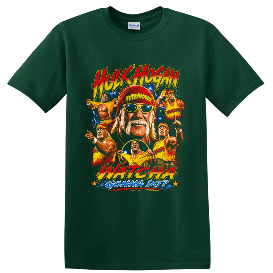 Hulk Hogan retro wrestling collage with lightning, action poses, and Hulkamania text on a Forest Green T Shirt