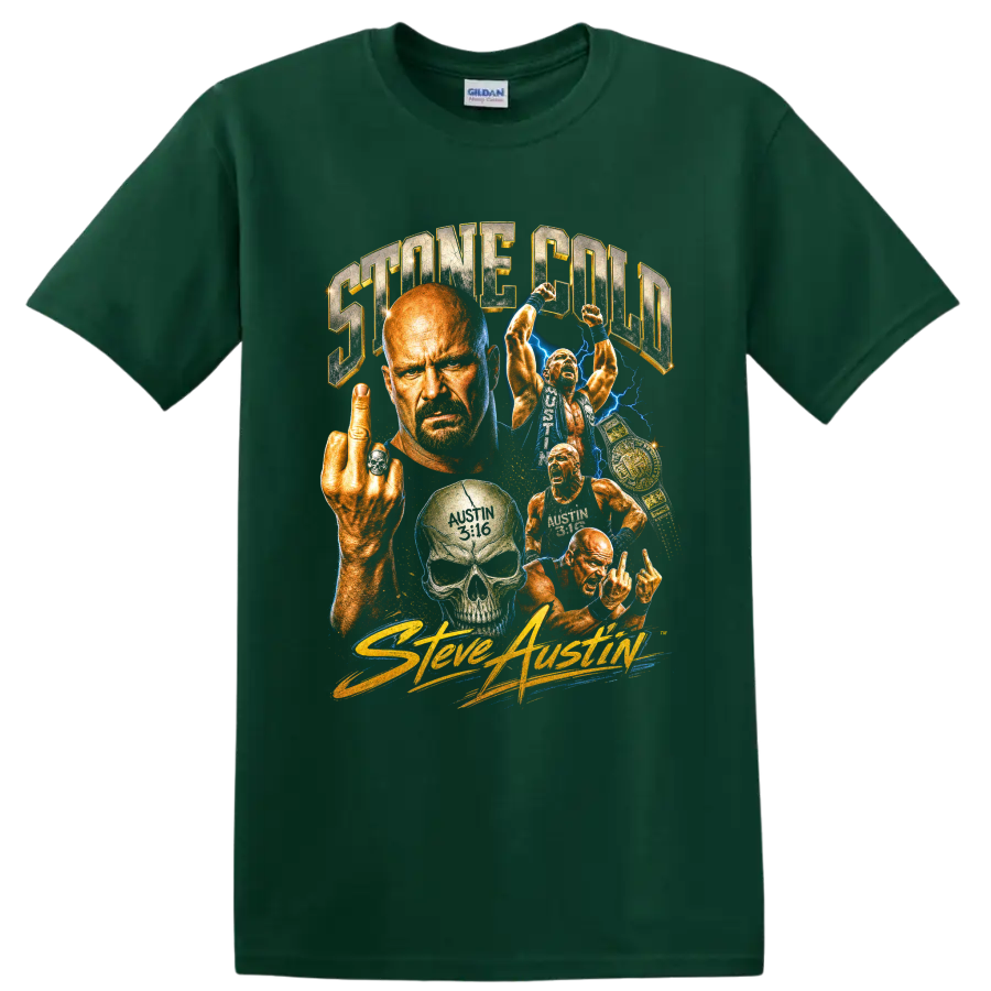 Stone Cold Steve Austin wrestling collage with skull, championship belt, and blue on a Forest Green T Shirt