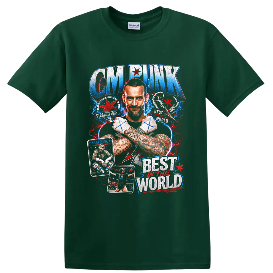 CM Punk portrait with crossed taped fists, Chicago stars, ring action, and distressed on a Forest Green T Shirt