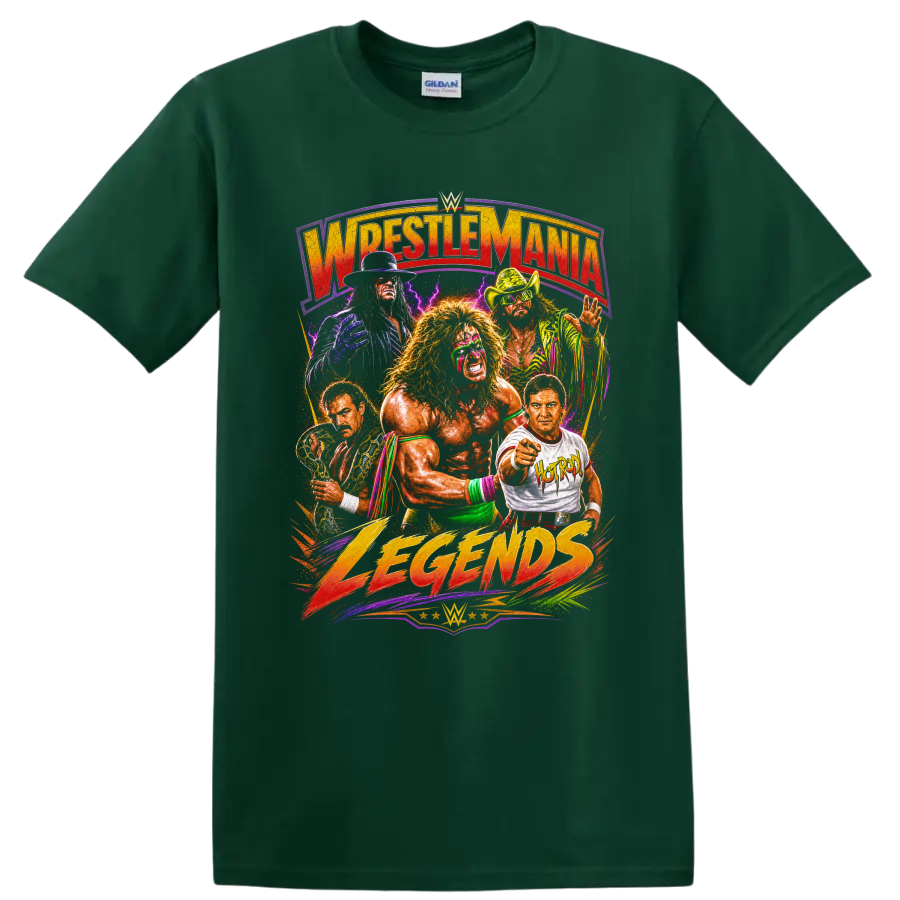 Ultimate Warrior and Macho Man Randy Savage retro wrestling legends collage on a Forest Green T Shirt