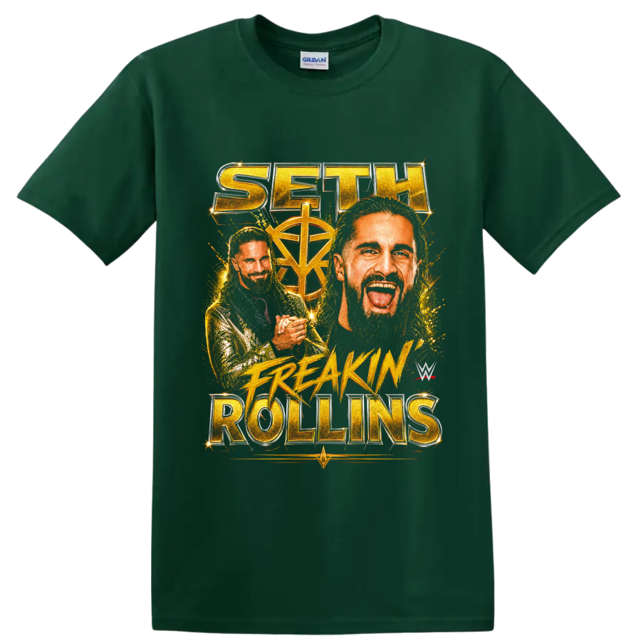 Seth Rollins gold portrait collage with championship lettering and fiery splatter on a Forest Green T Shirt