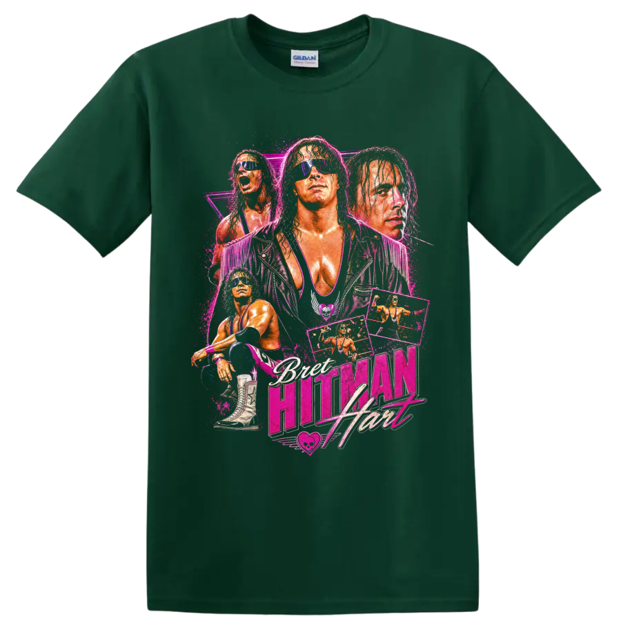 Bret Hart neon pink wrestling portrait collage with sunglasses, action panels, and logo on a Forest Green T Shirt
