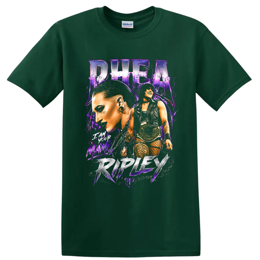 Rhea Ripley purple gothic wrestling portrait collage with championship belt on a Forest Green T Shirt
