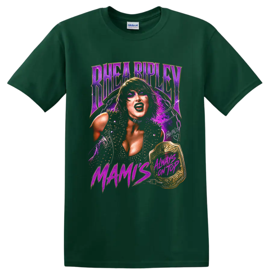 Rhea Ripley purple gothic portrait with championship belt, chains, and Mami text on a Forest Green T Shirt