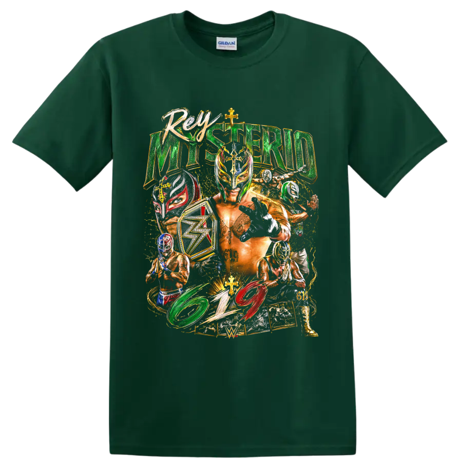 Rey Mysterio lucha libre mask collage with championship belt and 619 artwork on a Forest Green T Shirt
