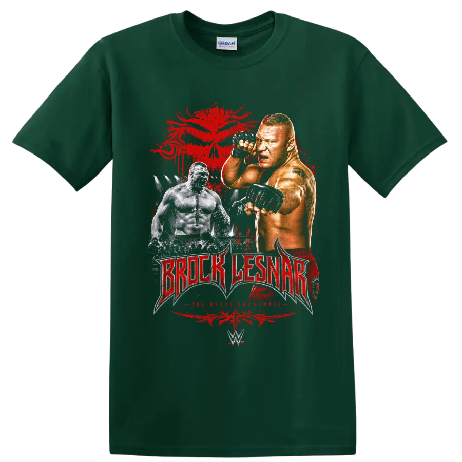 Brock Lesnar fighter portrait with distressed red splatter and wrestling lettering on a Forest Green T Shirt