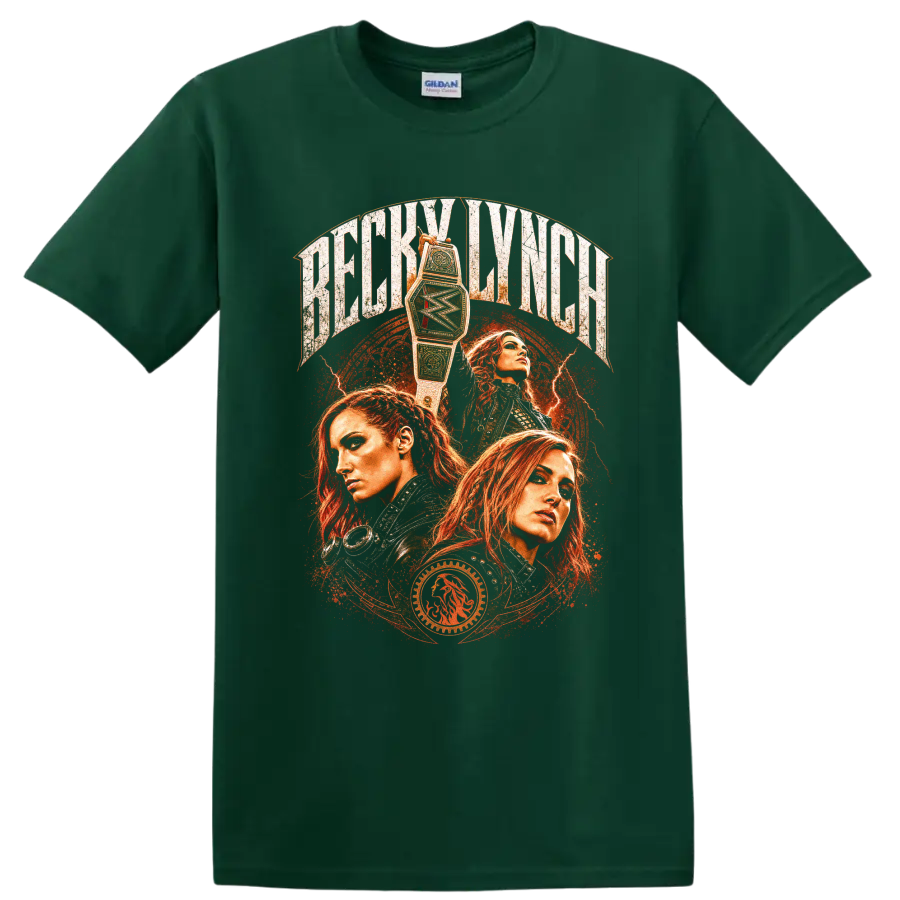 Becky Lynch three-portrait wrestling collage with championship belt and distressed on a Forest Green T Shirt
