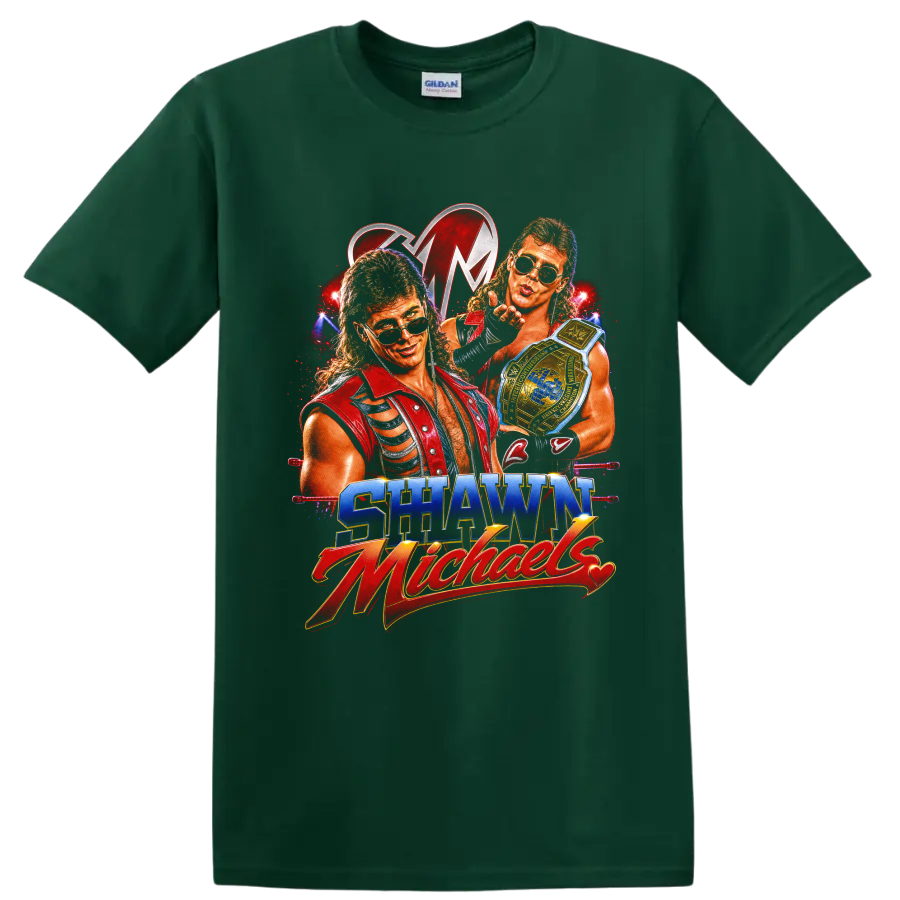 Shawn Michaels retro wrestling portraits with championship belt and arena lights on a Forest Green T Shirt