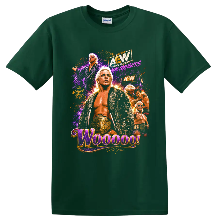 Ric Flair Nature Boy wrestling collage with championship belt, robe, and Woooo! text on a Forest Green T Shirt
