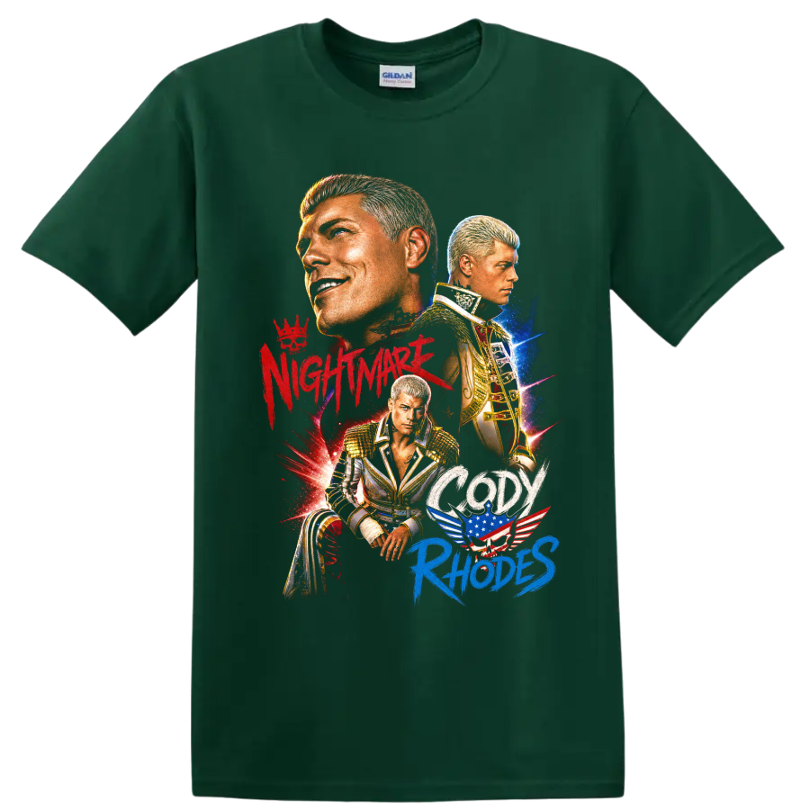 Cody Rhodes wrestling portrait collage with gold gear, stars, and patriotic graphic on a Forest Green T Shirt