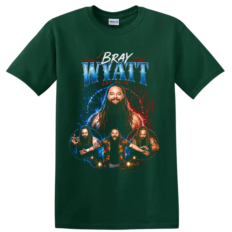 Bray Wyatt red and blue horror portrait collage with lanterns and Let Me In text on a Forest Green T Shirt