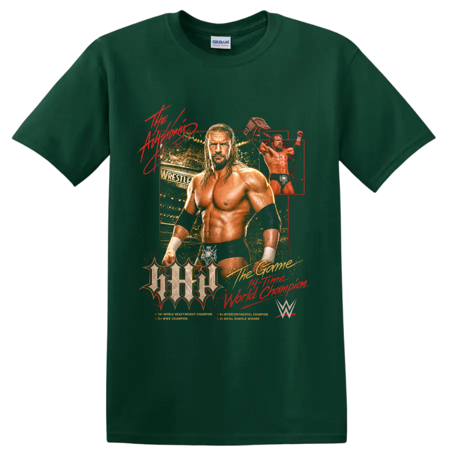 Triple H championship wrestling portrait with arena collage and raised title belt on a Forest Green T Shirt
