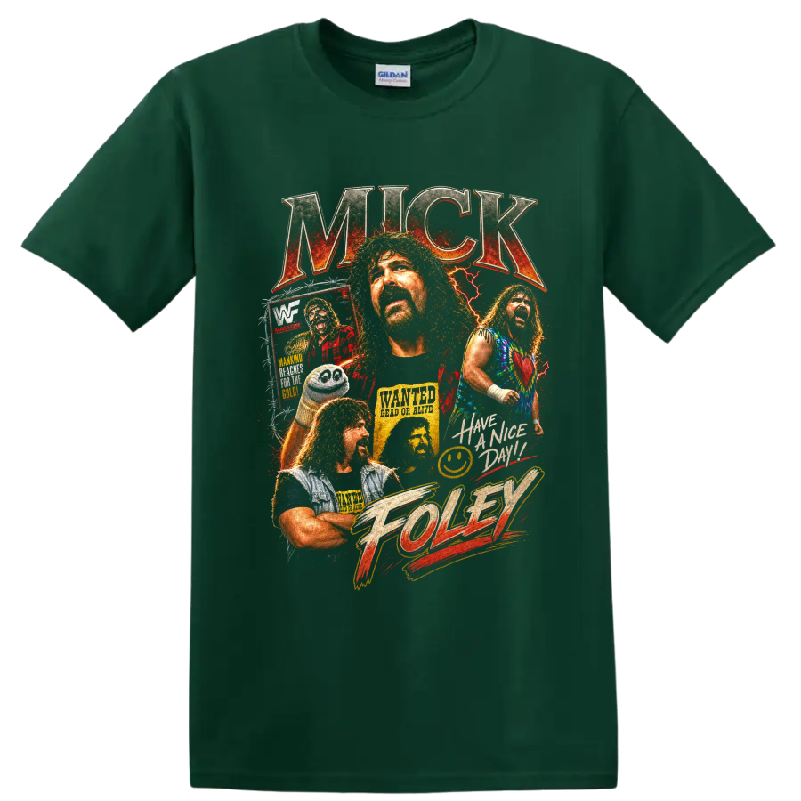 Mick Foley distressed wrestling portrait collage with lightning, poster art, and bold on a Forest Green T Shirt