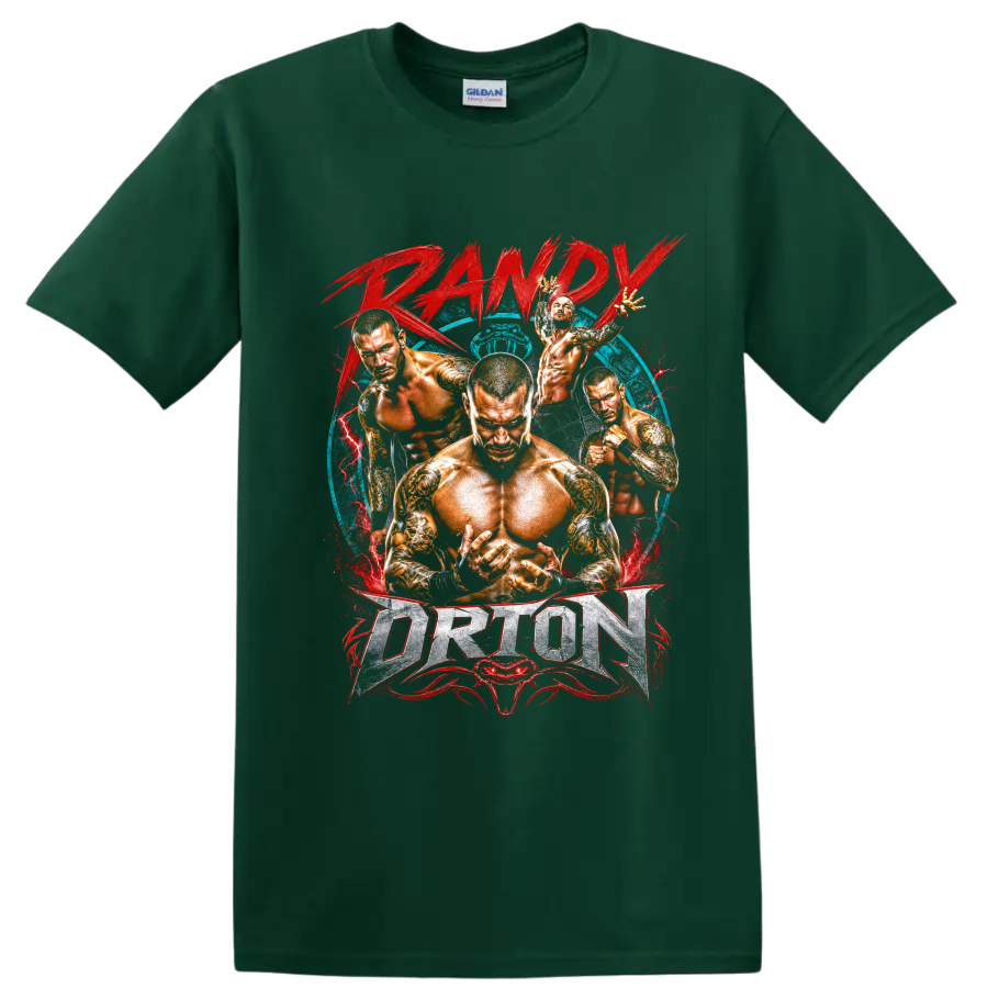 Randy Orton wrestling action collage with red lightning, blue backdrop, and bold lettering on a Forest Green T Shirt