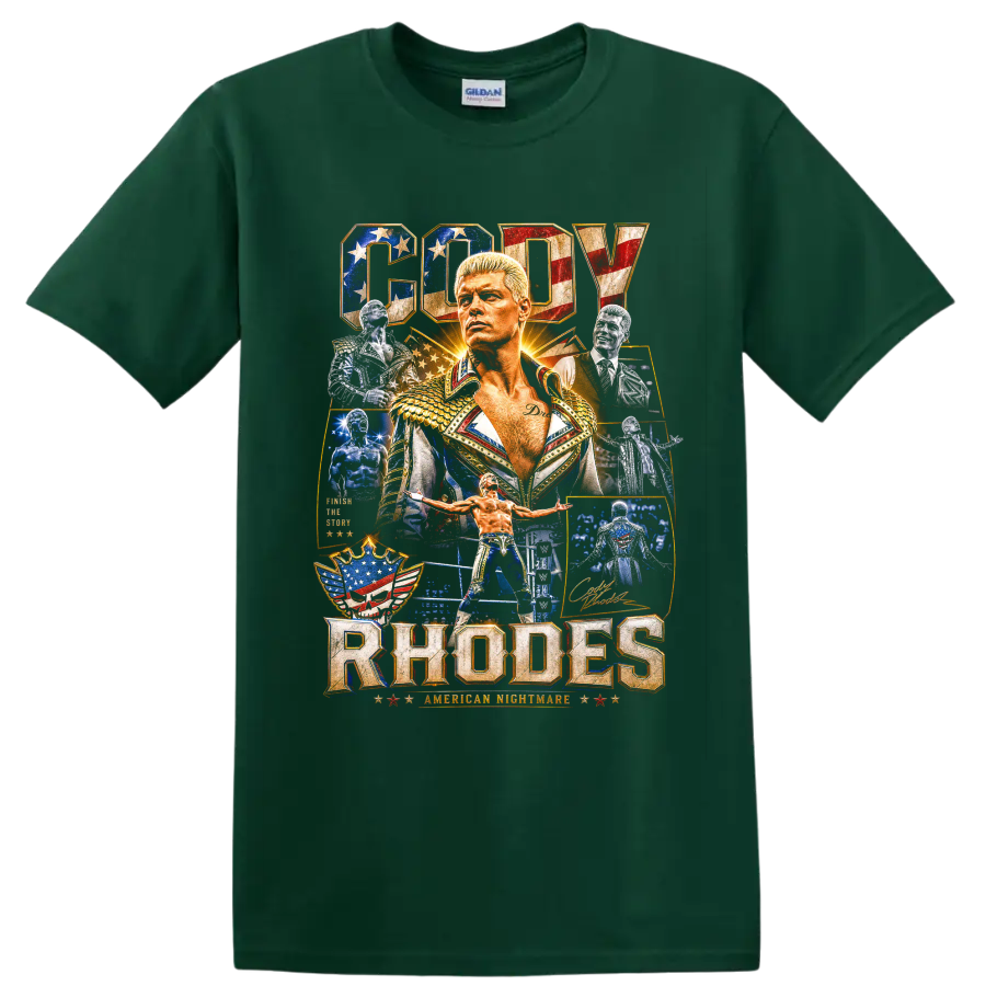 Cody Rhodes American Nightmare patriotic wrestling portrait collage with arena action on a Forest Green T Shirt