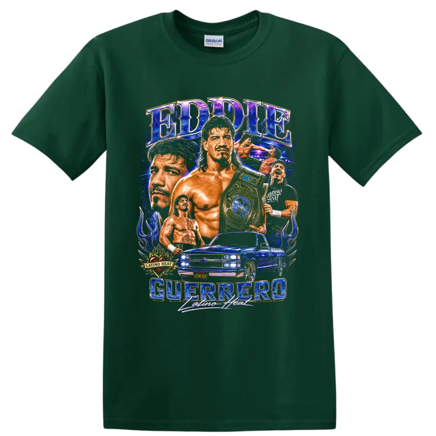 Eddie Guerrero Latino Heat wrestling collage with championship belt and lowrider truck on a Forest Green T Shirt