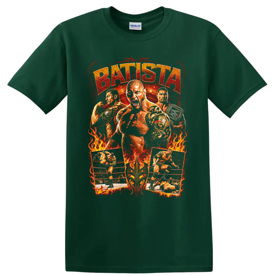 Batista wrestling collage with flames, ring action, championship belt, and distressed text on a Forest Green T Shirt