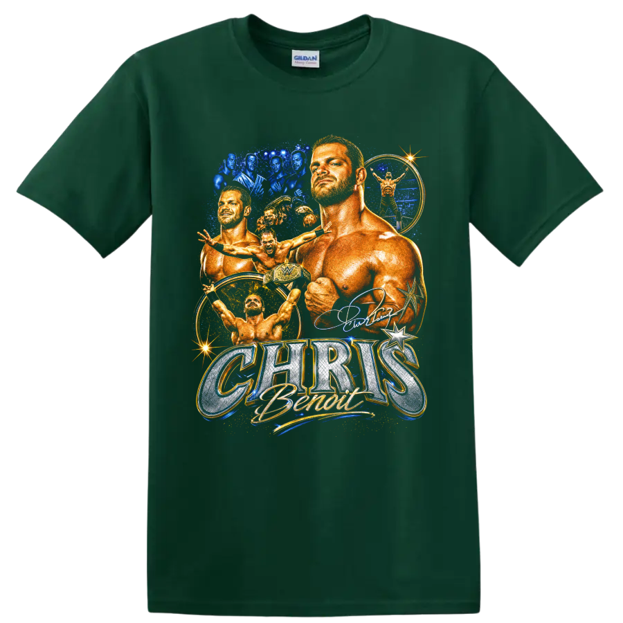 Chris Benoit wrestling collage with action poses, championship belt, and blue gold on a Forest Green T Shirt