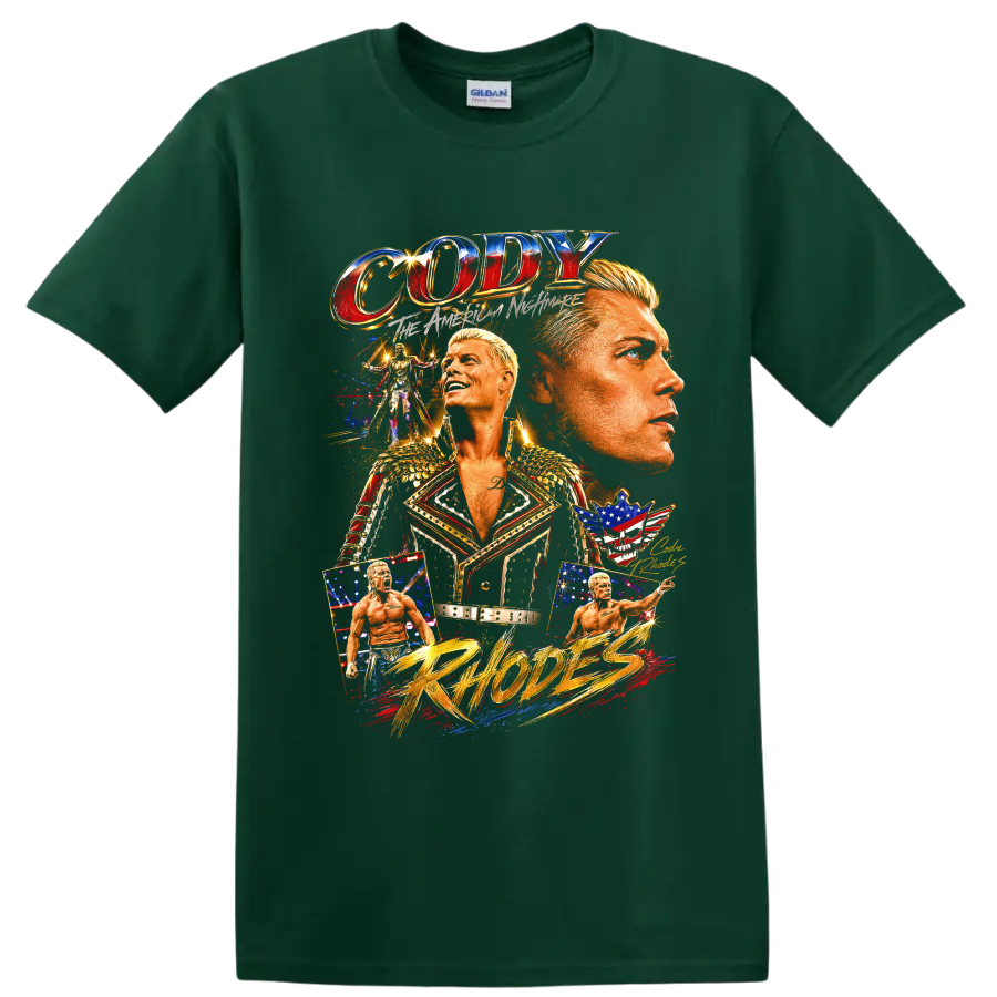 Cody Rhodes American Nightmare wrestling collage with ring portraits, stars, and gold on a Forest Green T Shirt