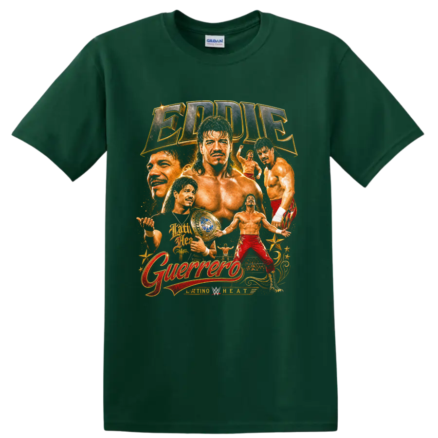 Eddie Guerrero wrestling portrait collage with championship belt and Latino Heat lettering on a Forest Green T Shirt