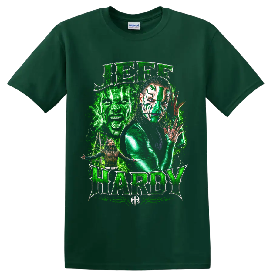 Jeff Hardy green face paint wrestling portrait with lightning and metallic lettering on a Forest Green T Shirt