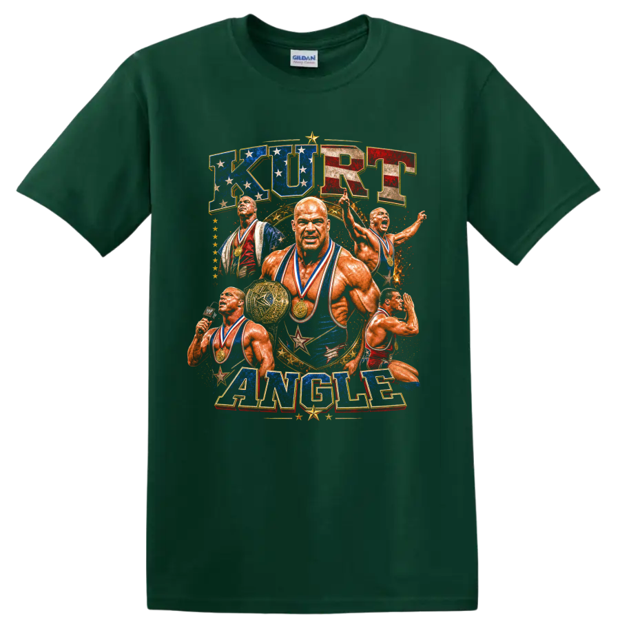 Kurt Angle patriotic wrestling collage with Olympic medals, stars, belt, and retro on a Forest Green T Shirt