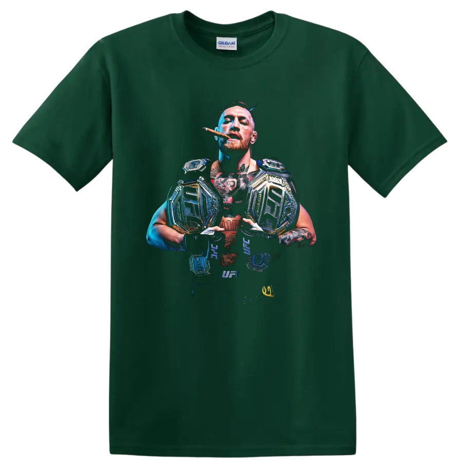 Conor McGregor with championship belts in a dramatic blue-and-gold MMA portrait on a Forest Green T Shirt