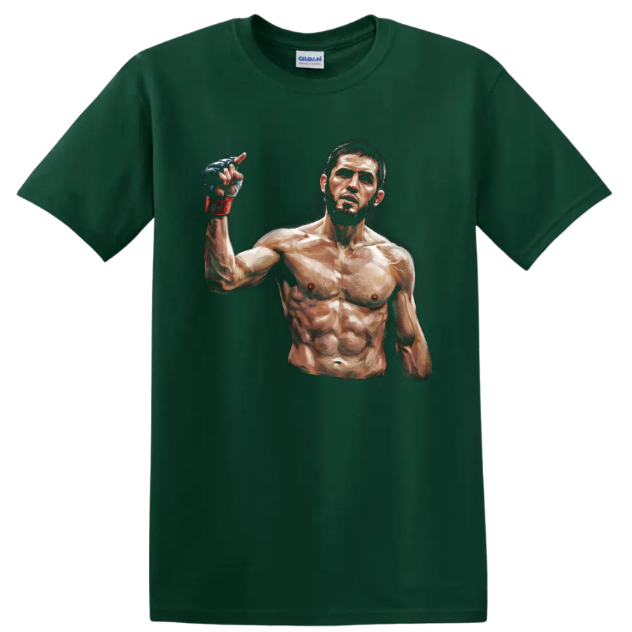Khabib Nurmagomedov painted MMA fighter portrait with raised gloved hand on a Forest Green T Shirt