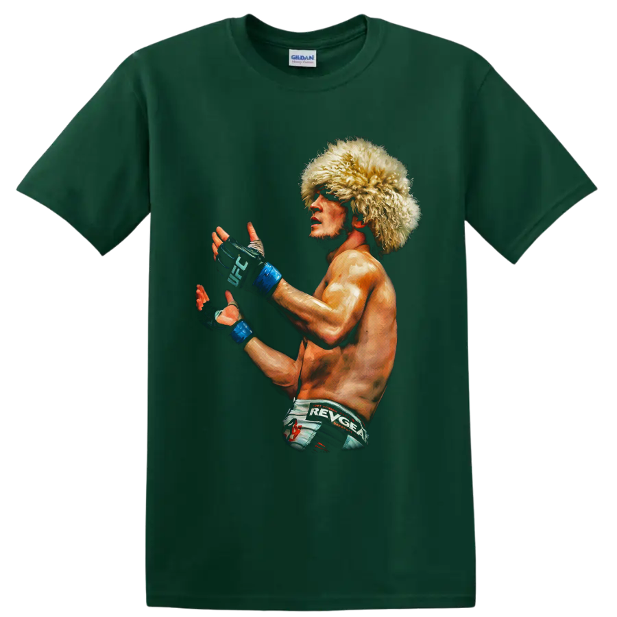 Painted Khabib Nurmagomedov MMA portrait in papakha hat and UFC gloves on a Forest Green T Shirt
