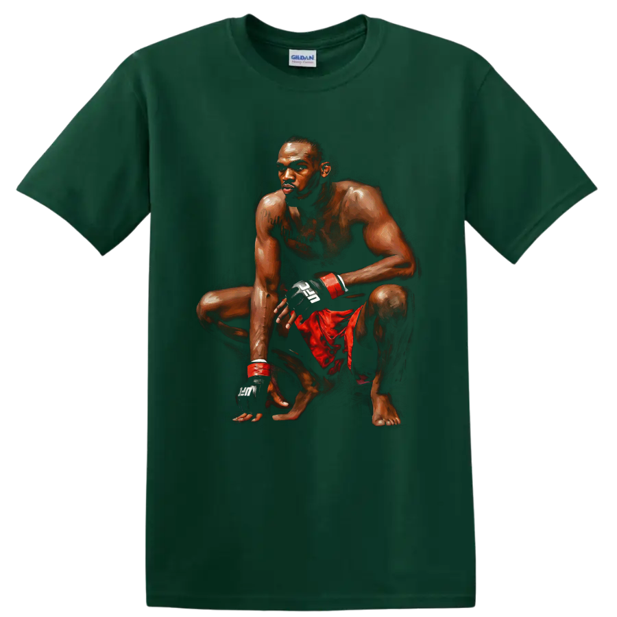 Painted Jon Jones crouching MMA fighter portrait in red shorts and black gloves on a Forest Green T Shirt