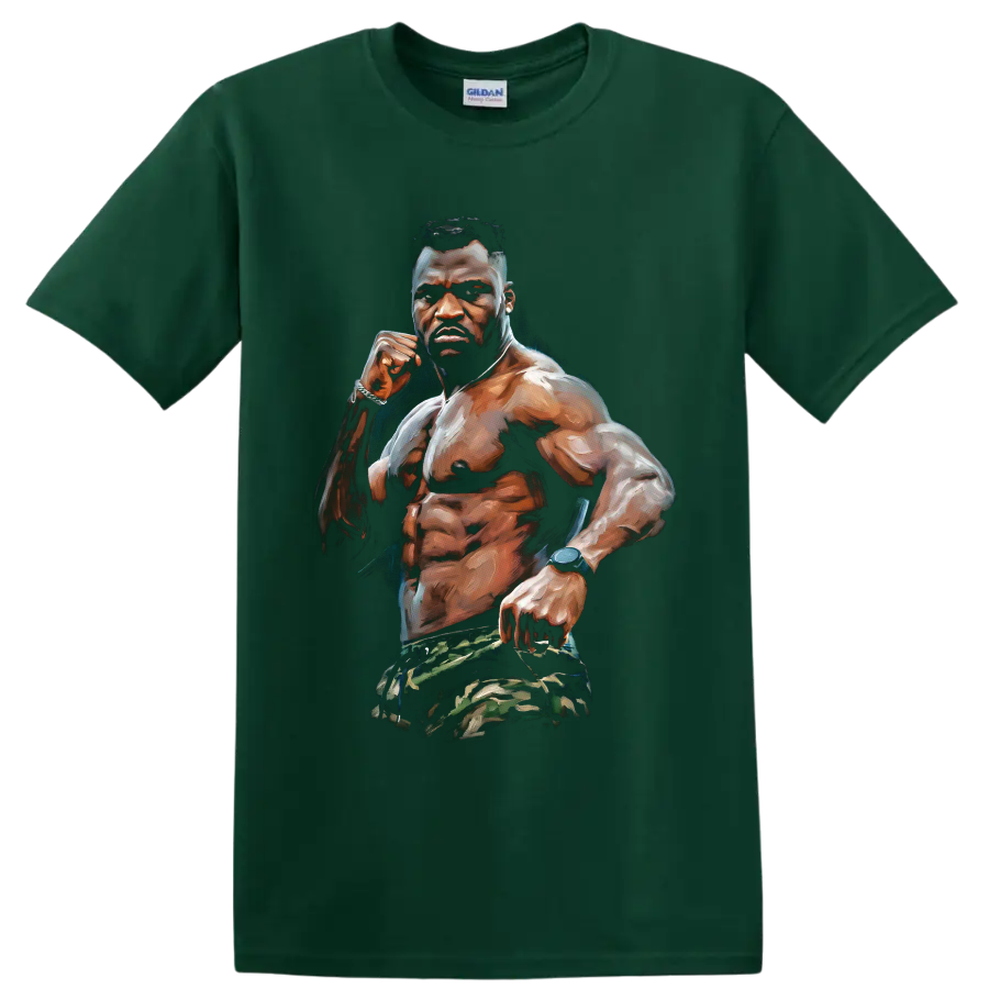 Francis Ngannou painted MMA fighter portrait with raised fist and camouflage shorts on a Forest Green T Shirt