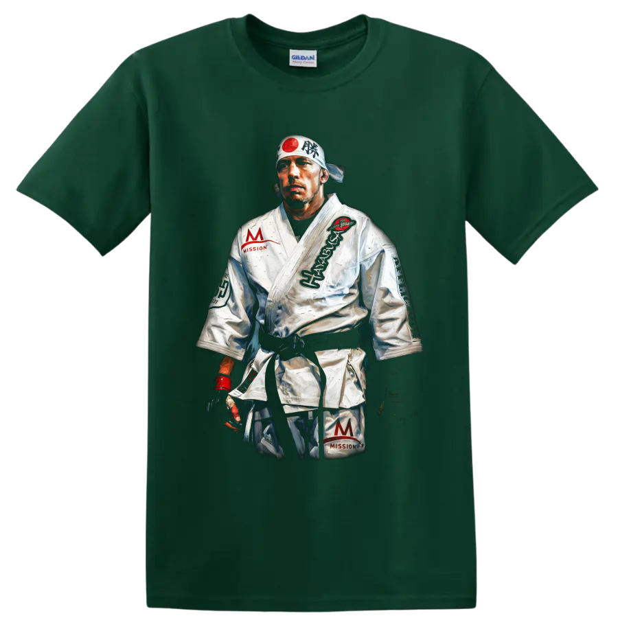 Painted Georges St-Pierre MMA fighter portrait in white gi and headband on a Forest Green T Shirt