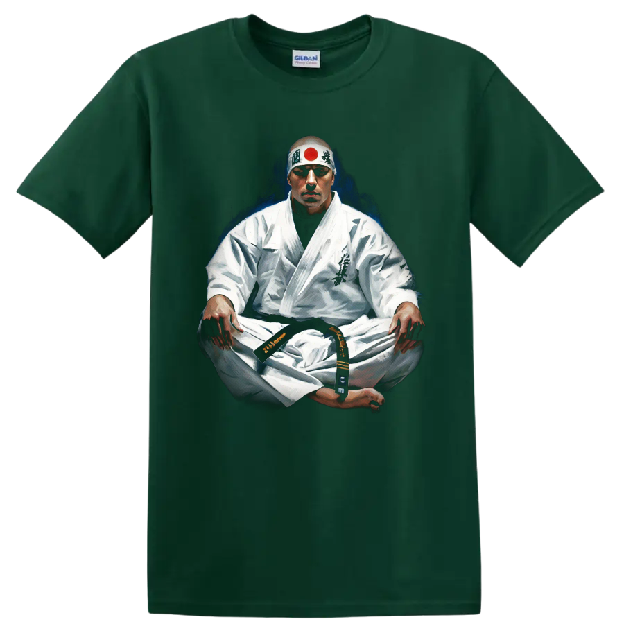 Masutatsu Oyama seated in meditation, painterly Kyokushin karate portrait on a Forest Green T Shirt