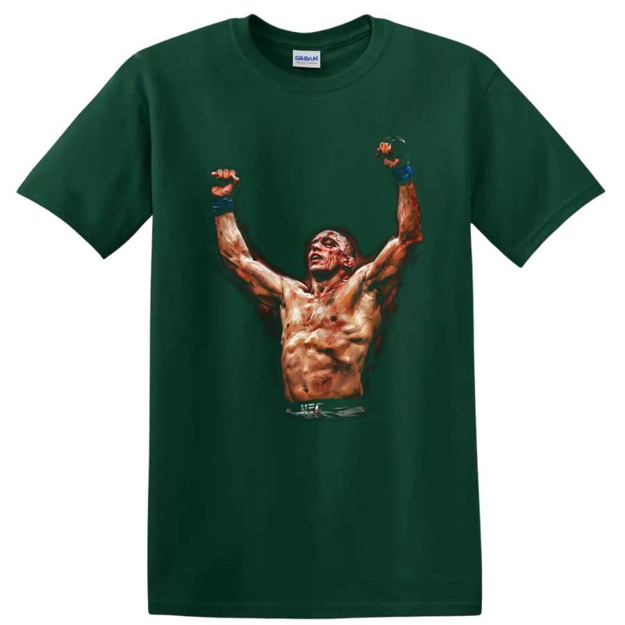 Georges St-Pierre inspired painterly MMA fighter raising blue-gloved fists on a Forest Green T Shirt