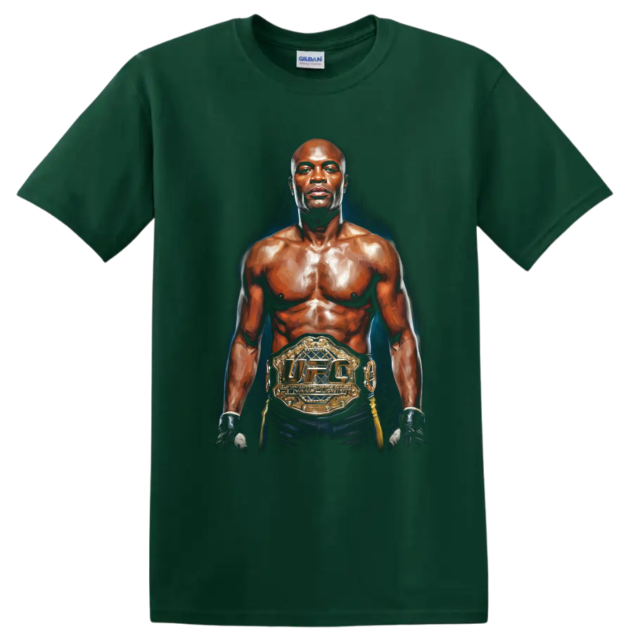 Anderson Silva painterly UFC champion portrait with gloves and gold title belt on a Forest Green T Shirt