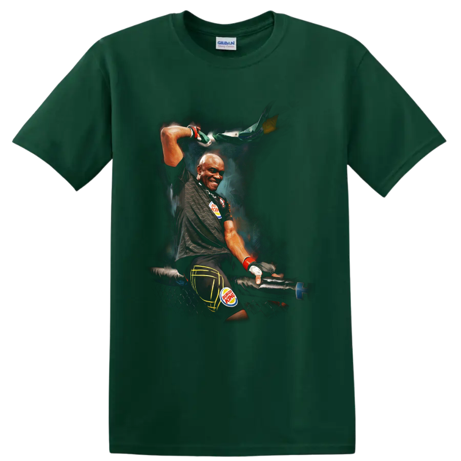 Anderson Silva in a dramatic painted cage-victory pose with raised Brazilian flag on a Forest Green T Shirt