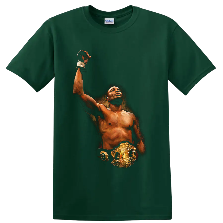 Kevin Randleman painterly MMA portrait raising a gloved hand with championship belt on a Forest Green T Shirt
