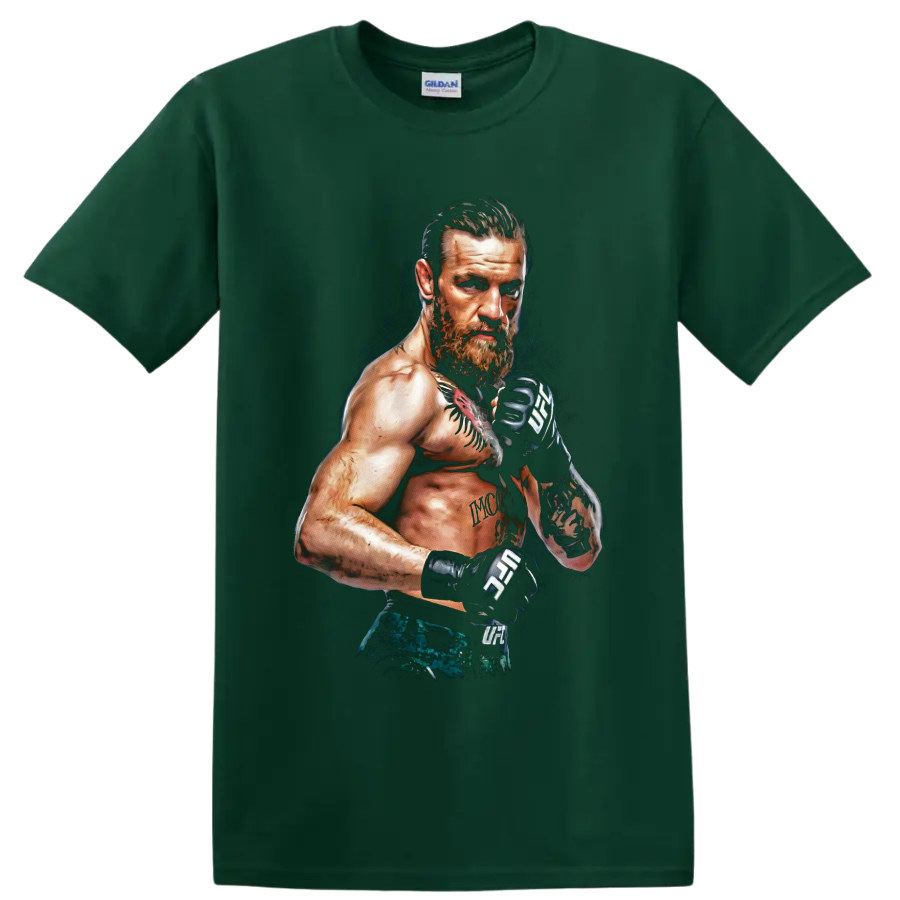 Conor McGregor tattooed MMA fighter portrait in a guarded stance with combat gloves on a Forest Green T Shirt