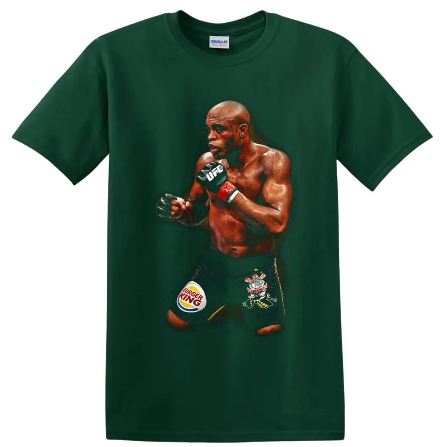 Anderson Silva MMA fighter in a dramatic painterly guarded fighting stance on a Forest Green T Shirt